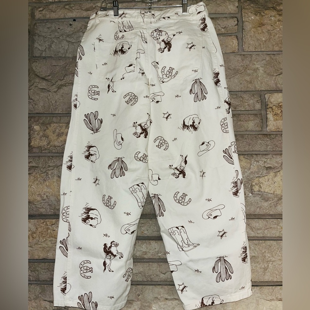Cali 1850 Western All Over Printed Barrel Pants NWT Relaxed Crop Ivory/Brown 11 - Picture 7 of 12